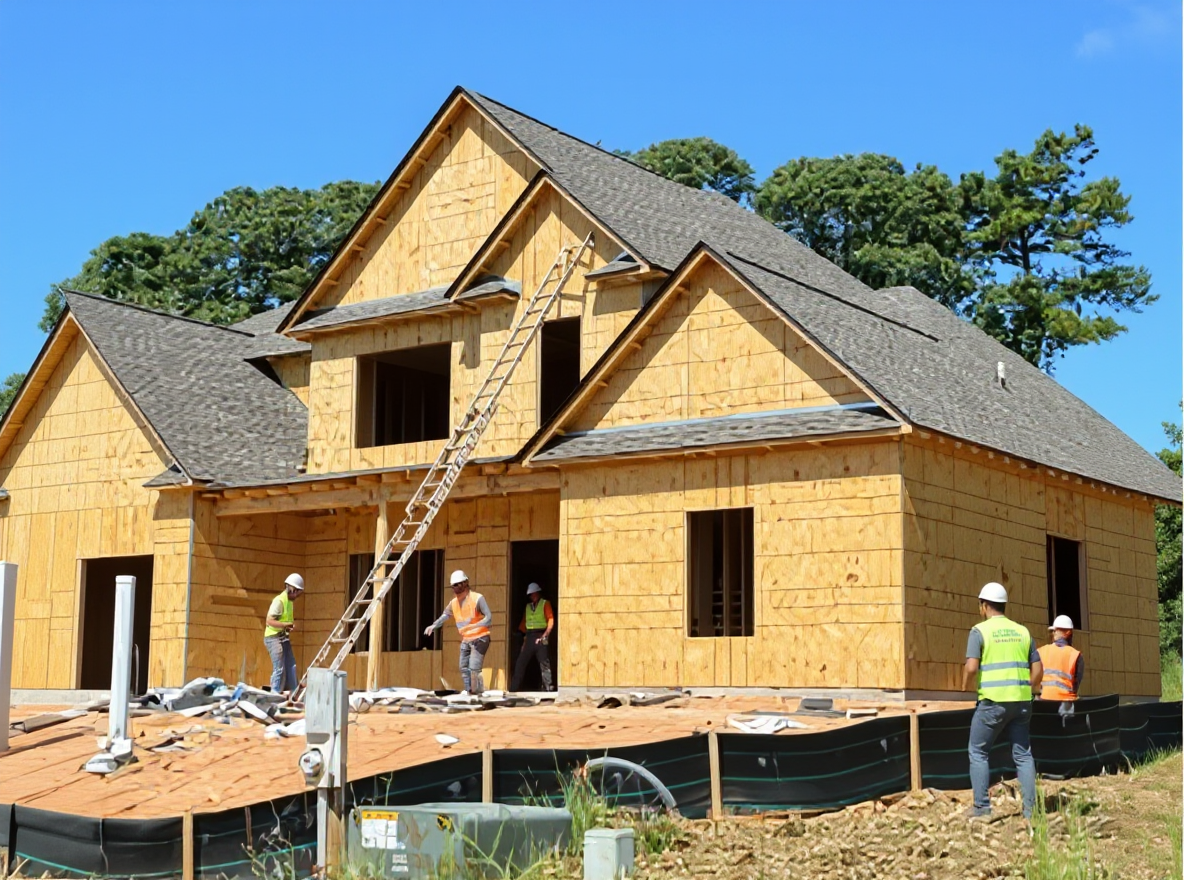 Firefly_Flux_A two-story residential house under construction, unfinished wooden framing and plywo 190250