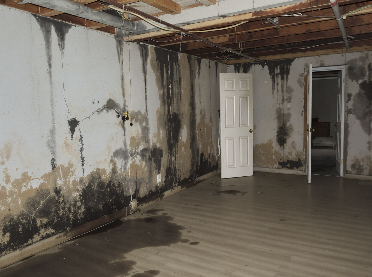 Firefly_Flux_Realistic photo of a damaged basement interior with white walls covered in black and 190250