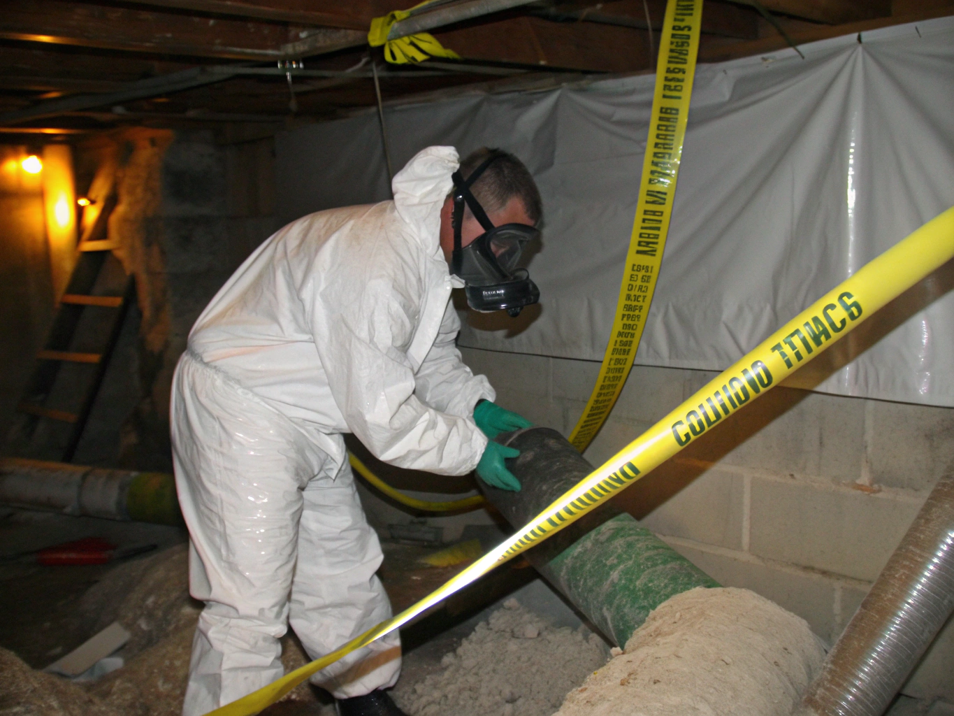 Certified abatement specialist wearing protective respirator sampling ceiling material