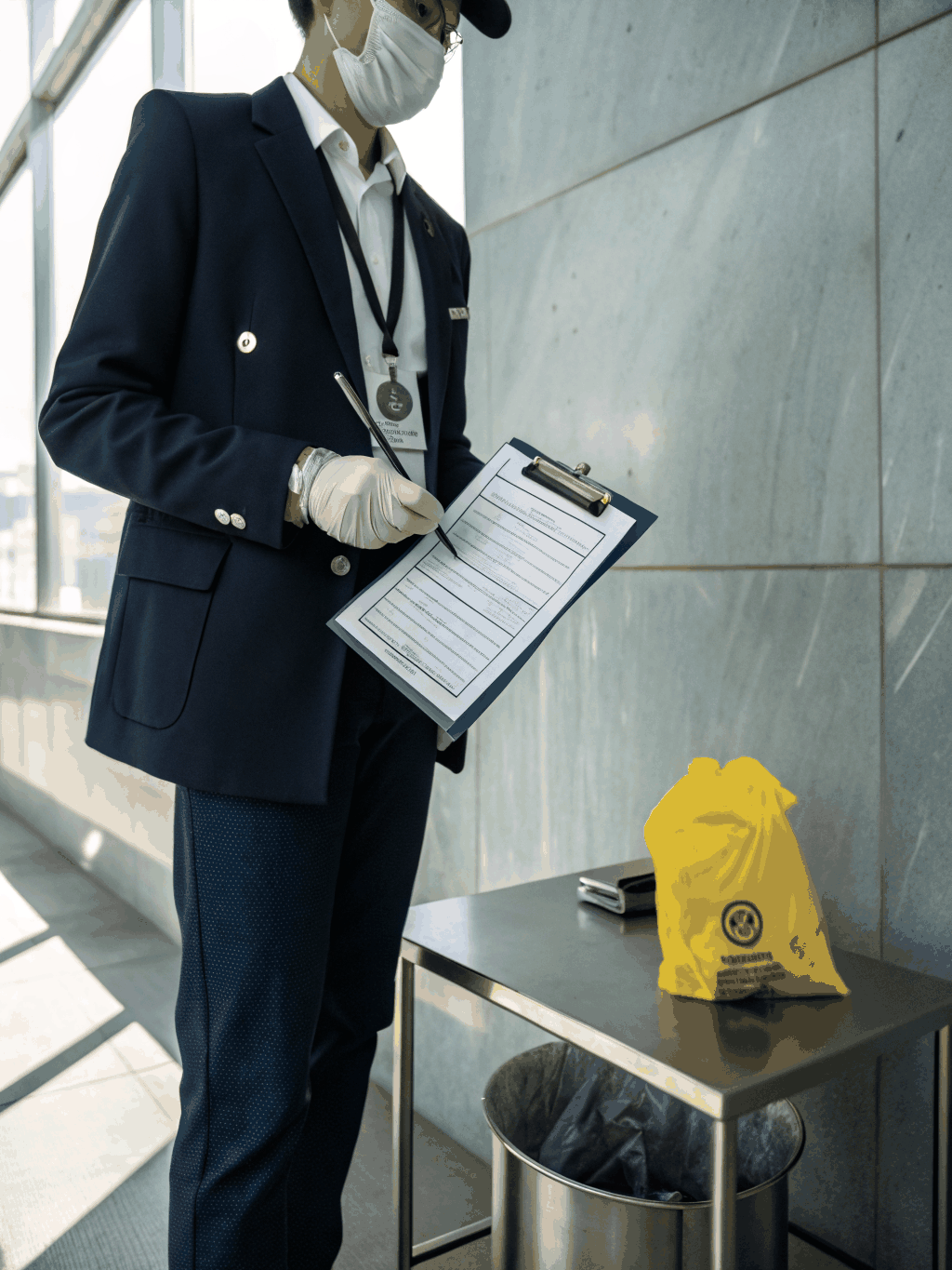 TriServe certified biohazard technician methodically taping a sealed plastic barrier