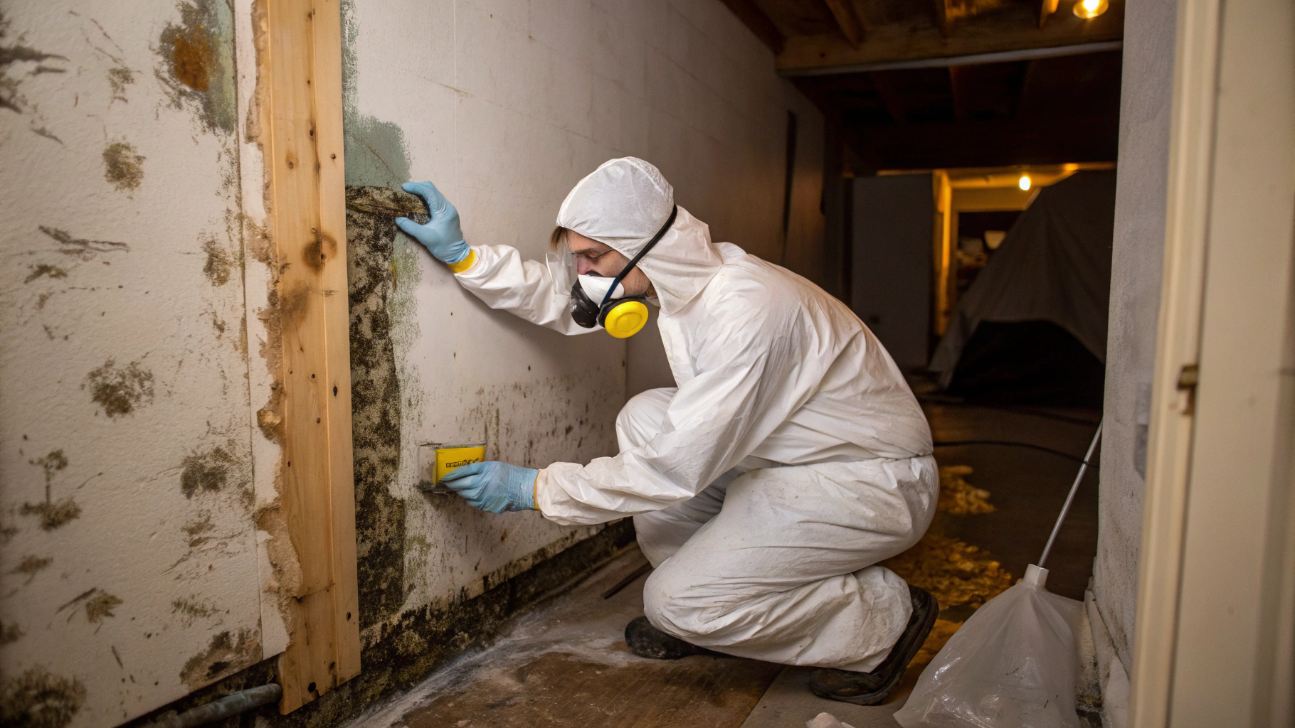 Certified restoration technician in specialized protective equipment decontaminating a secured site
