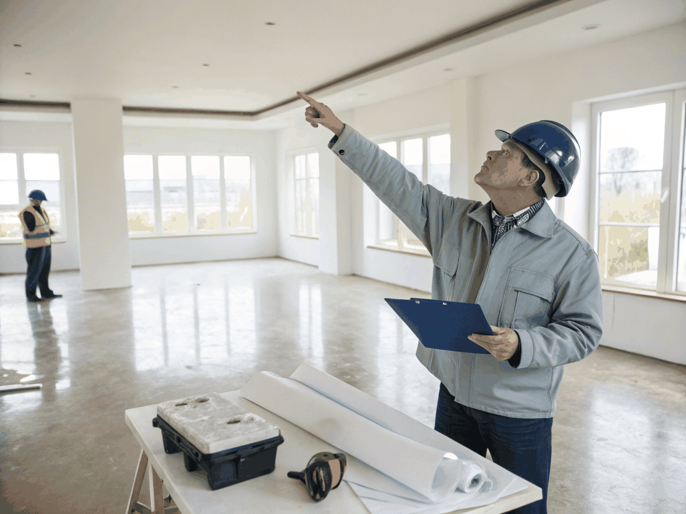 TriServe crew supervisor consulting on clipboard with commercial property manager