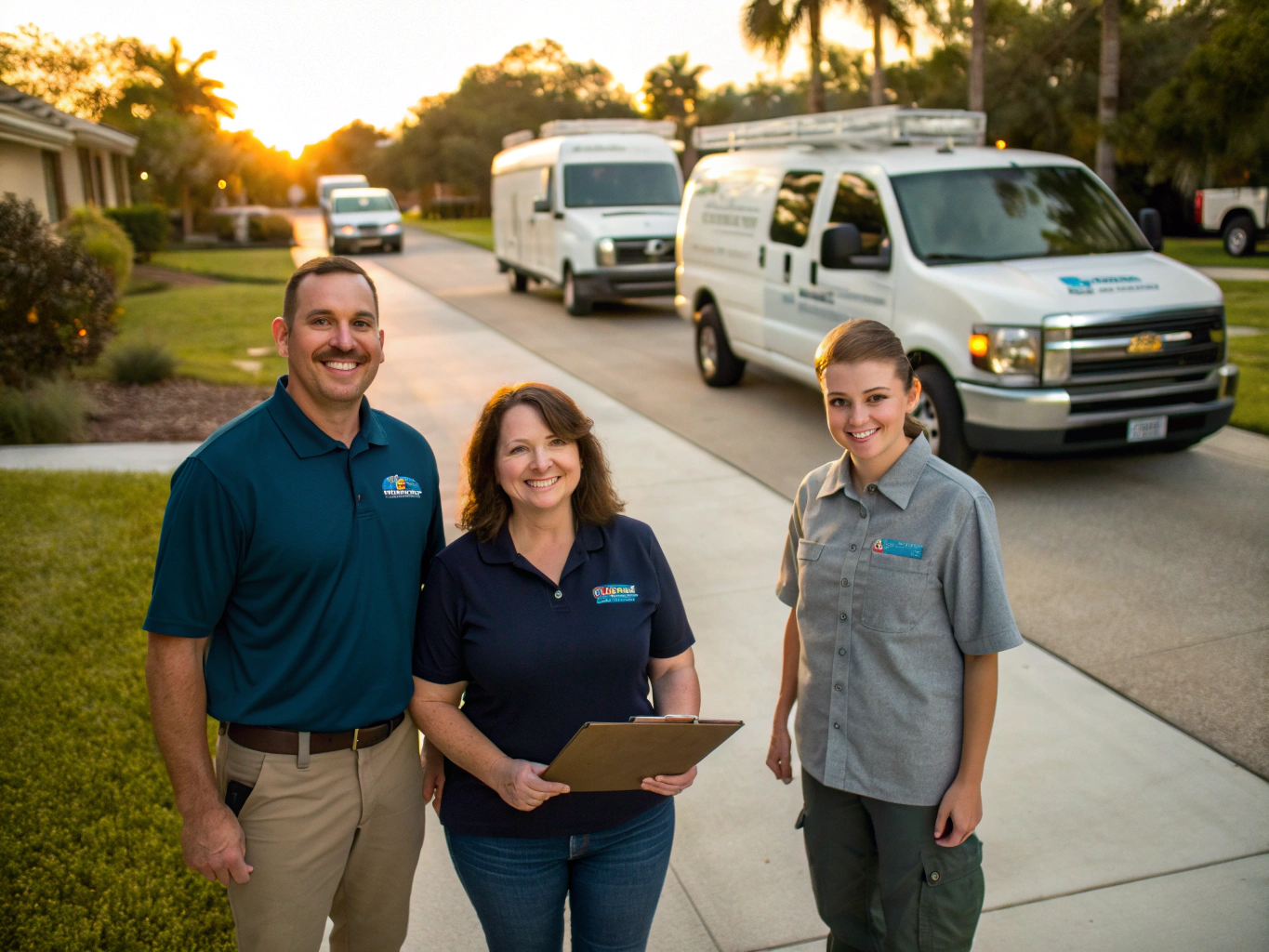 TriServe fleet parked outside commercial property complex for emergency mitigation