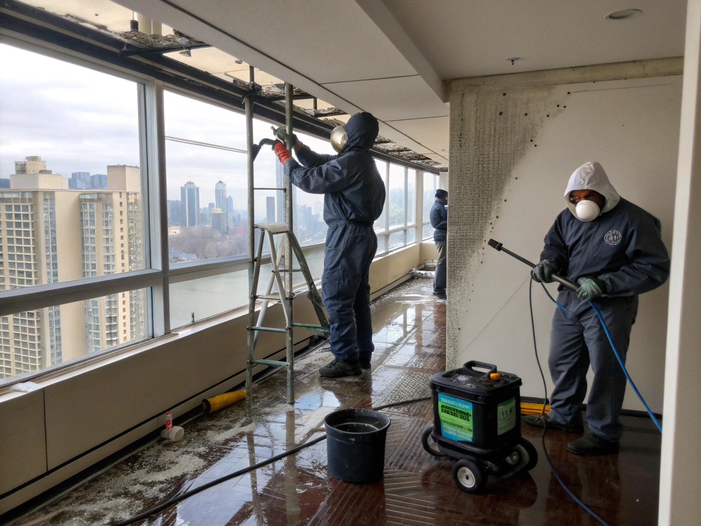 TriServe restoration technician sealing a negative pressure containment barrier