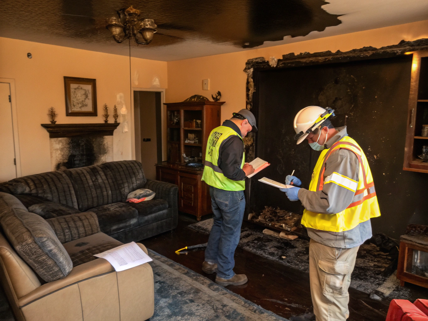 Restoration specialist evaluating structural soot and charred interior damage