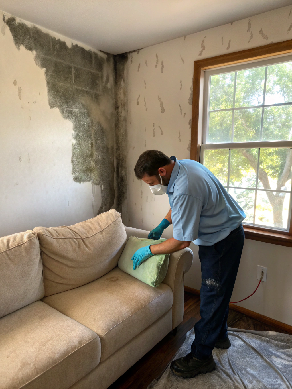TriServe restoration technician using chemical dry sponge and HEPA soot vacuum on structural interior wall