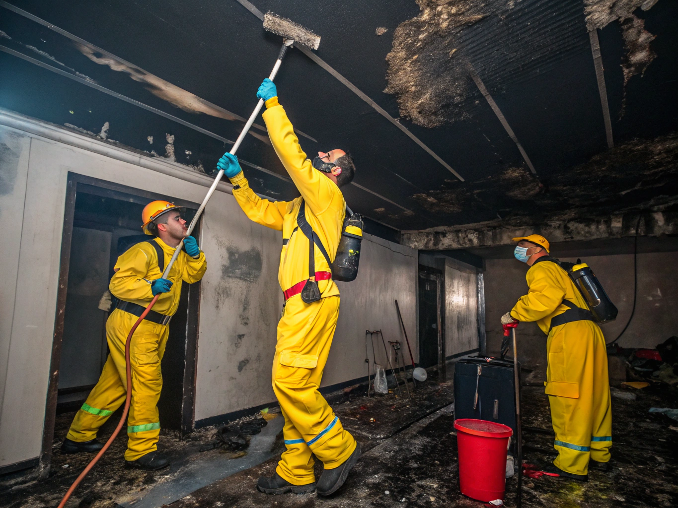Field crew treating soot damage and thermal smoke odor on structural ceiling beams