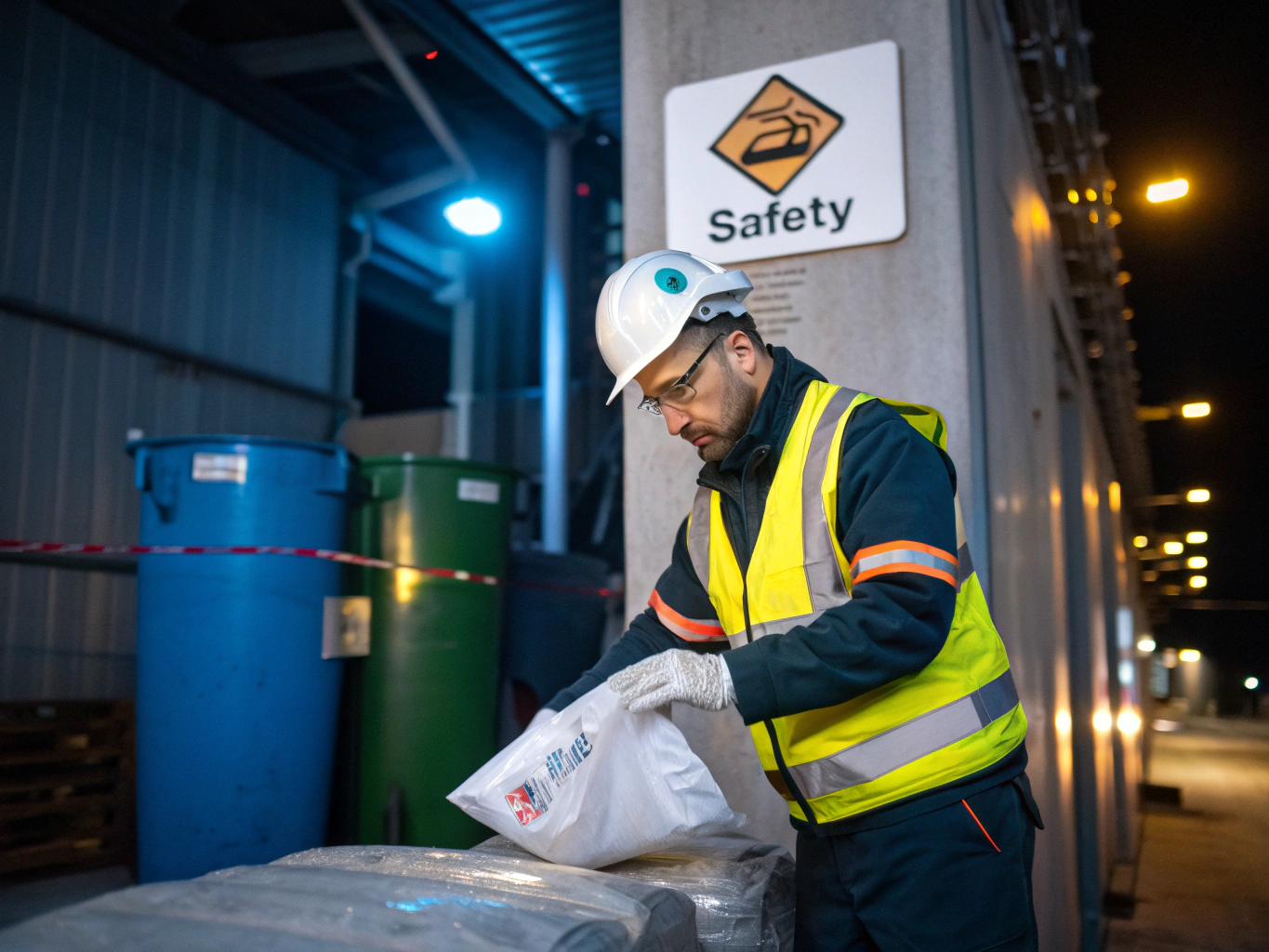 TriServe environmental technician loading labeled hazardous waste disposal bags into certified containment vehicle