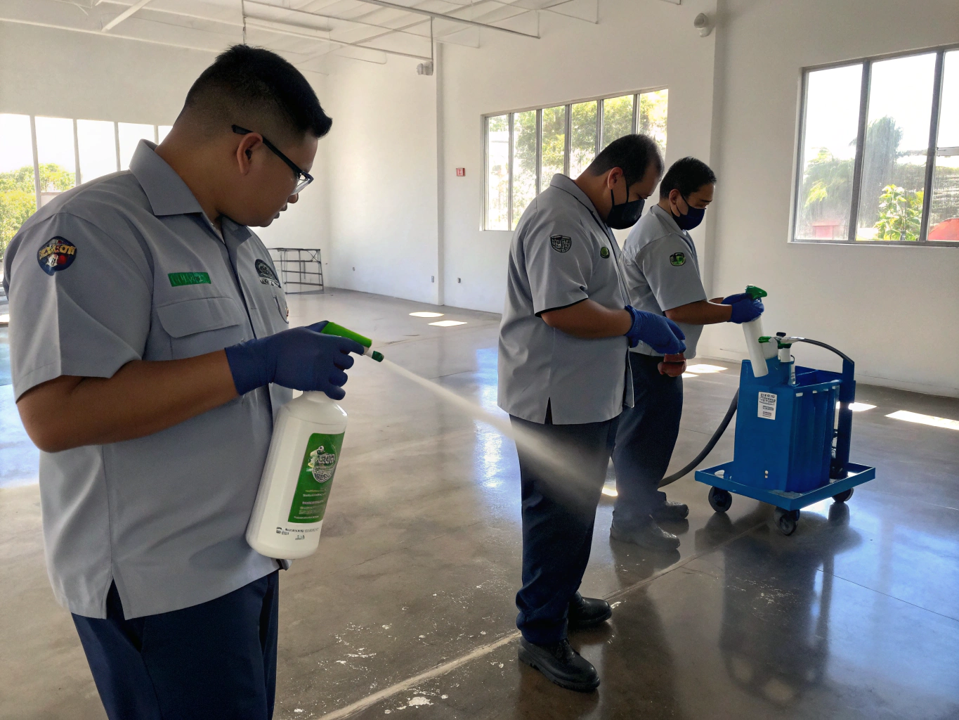 TriServe restoration technician operating an industrial hydroxyl odor neutralizer on site