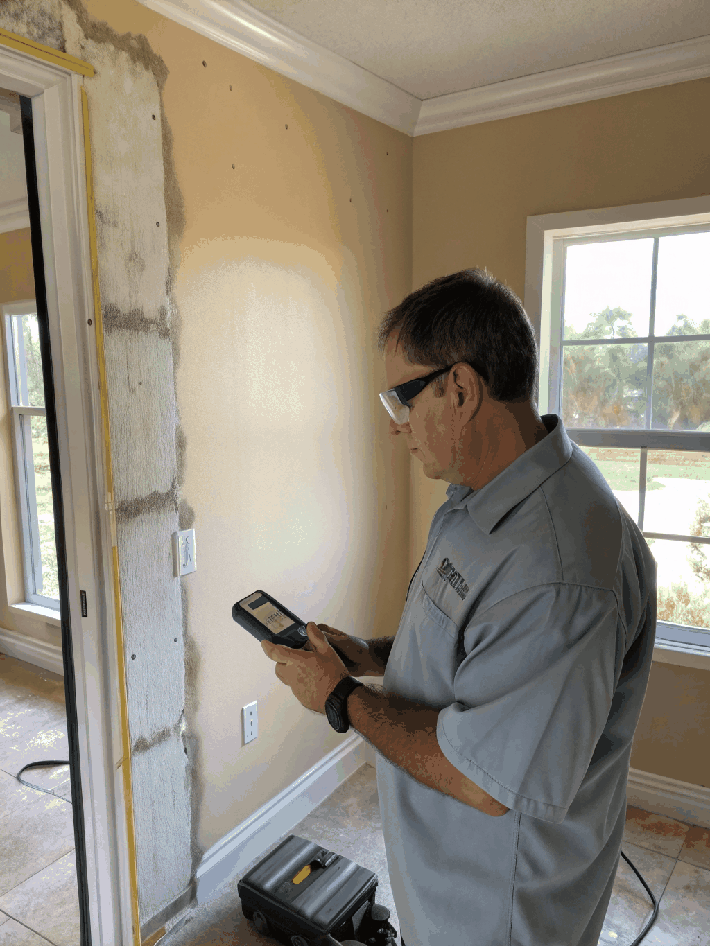 Certified restoration technician inspecting mold affected drywall with precision diagnostic task lighting