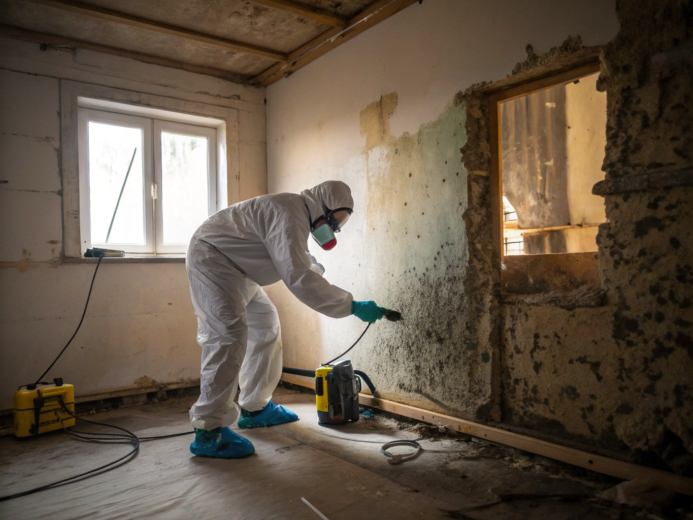 TriServe certified restoration technician in full protective gear treating mold inside containment