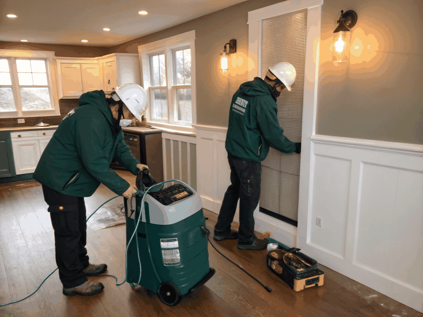 Restoration crew completing framing and drywall rebuild