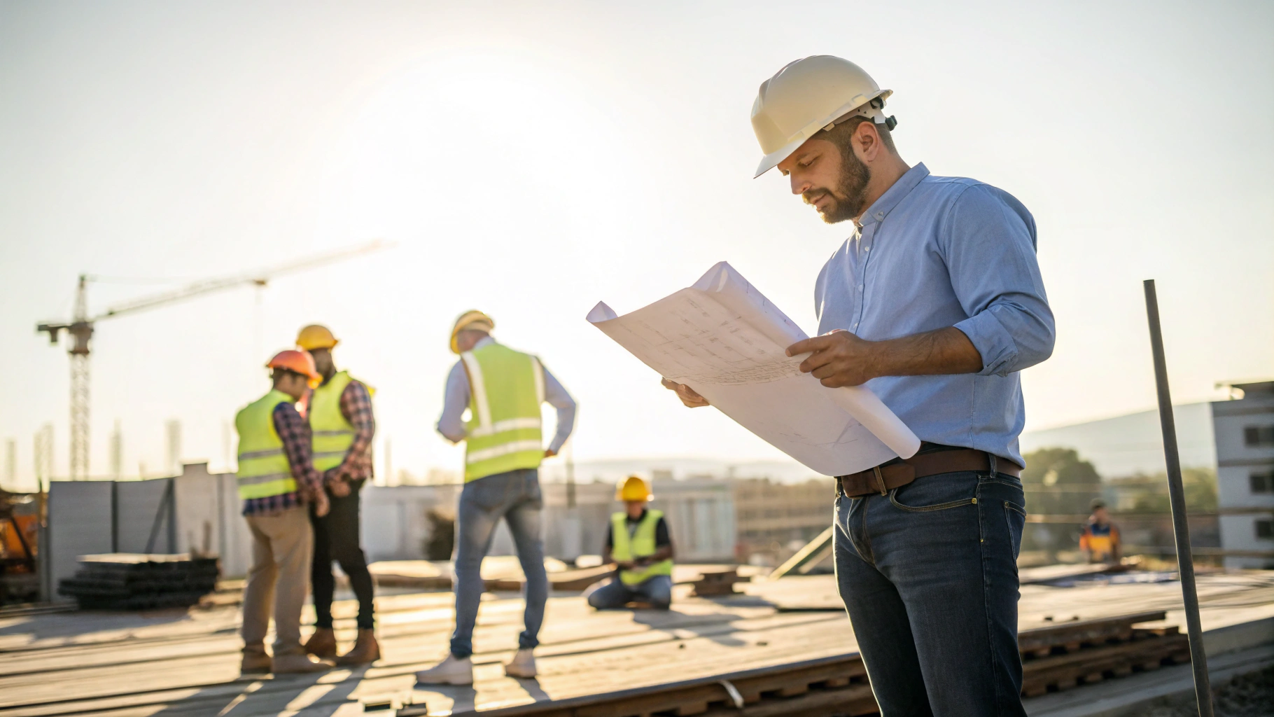 TriServe project manager reviewing structural rebuild plans on site