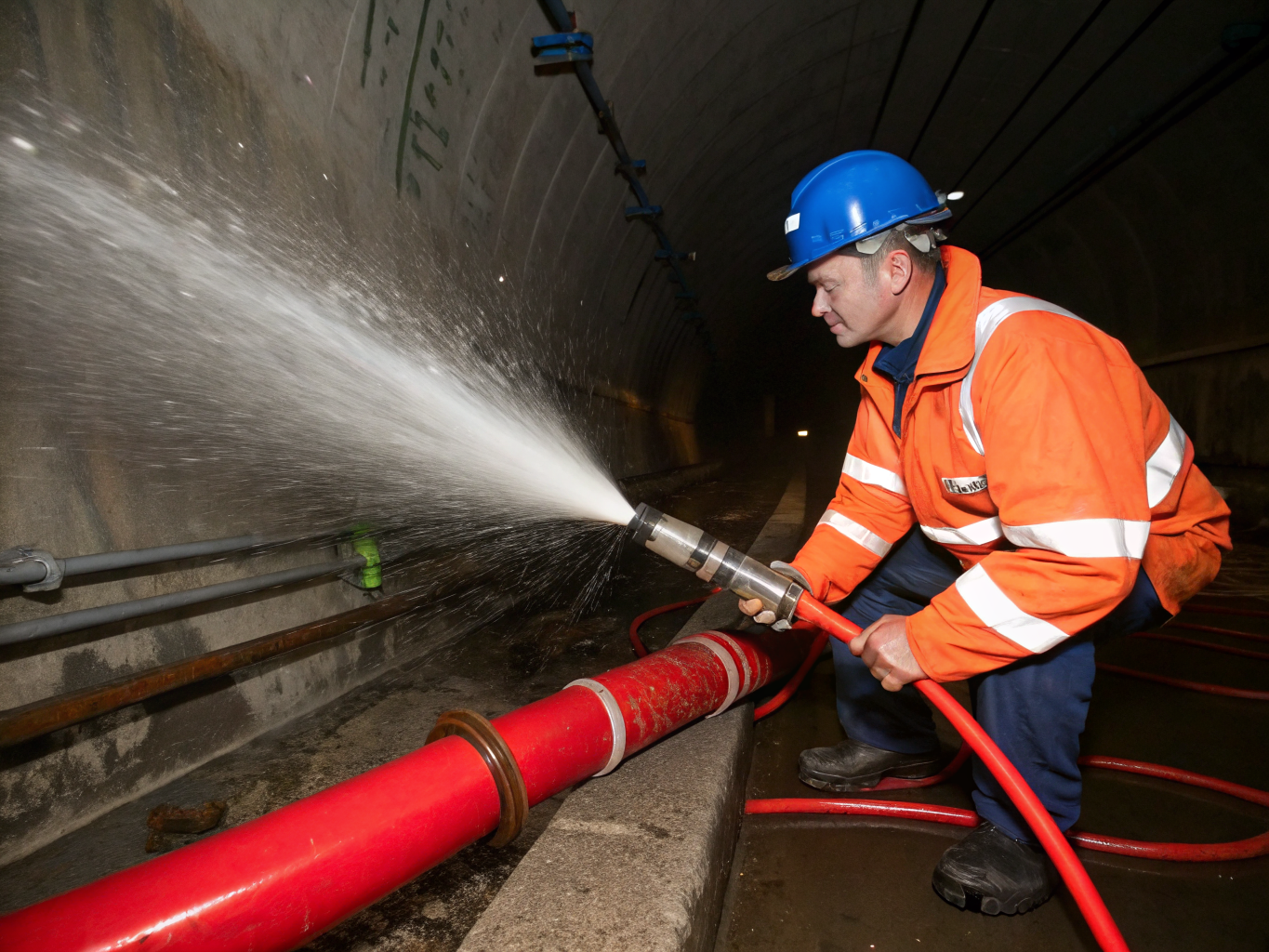 Technician operating commercial sewage extraction and sanitizing equipment