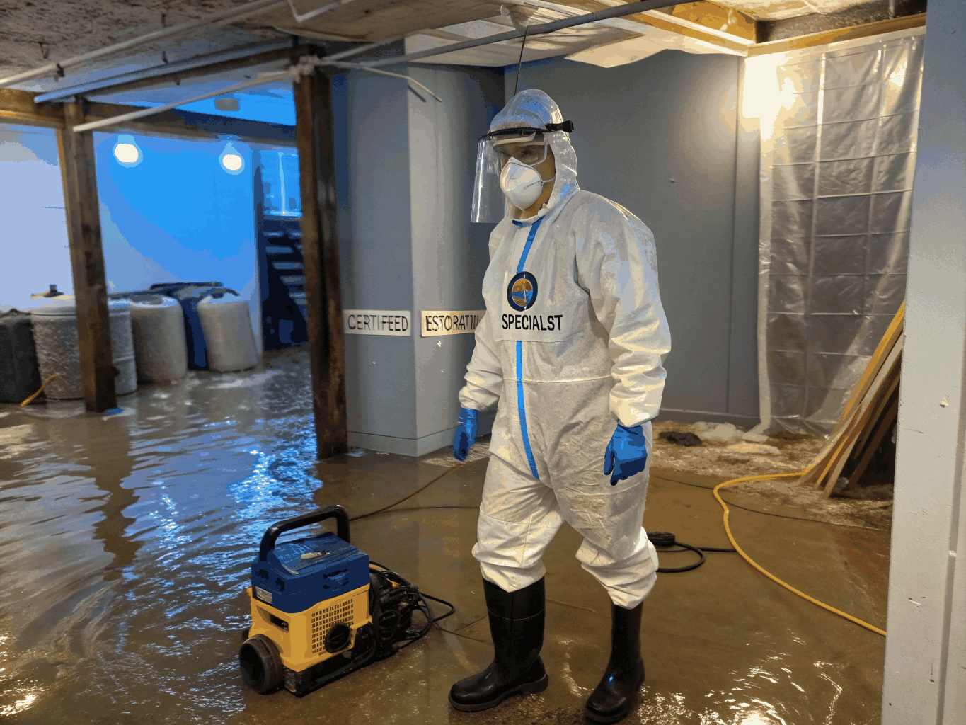 TriServe technician in biological PPE performing emergency sewage cleanup in residential basement