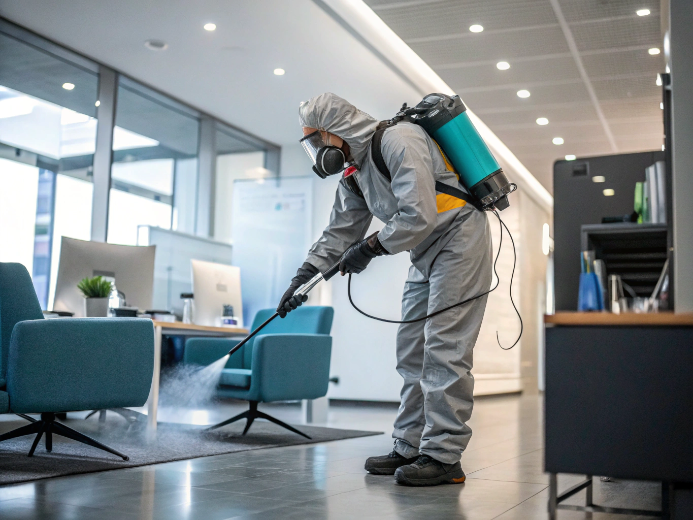 TriServe technician sanitizing a basement floor with commercial decontamination gear