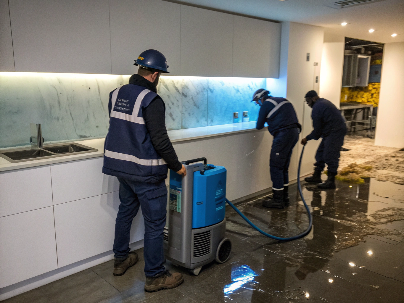 TriServe restoration technicians deploying commercial water extraction and drying equipment on site