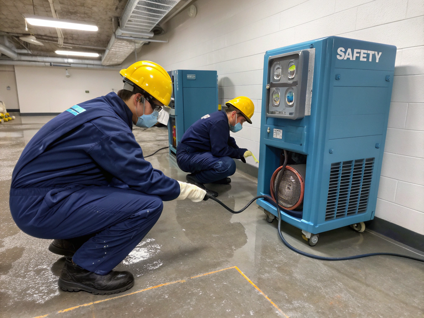 TriServe certified technicians placing industrial desiccant dehumidifiers and air movers inside a flood-damaged property