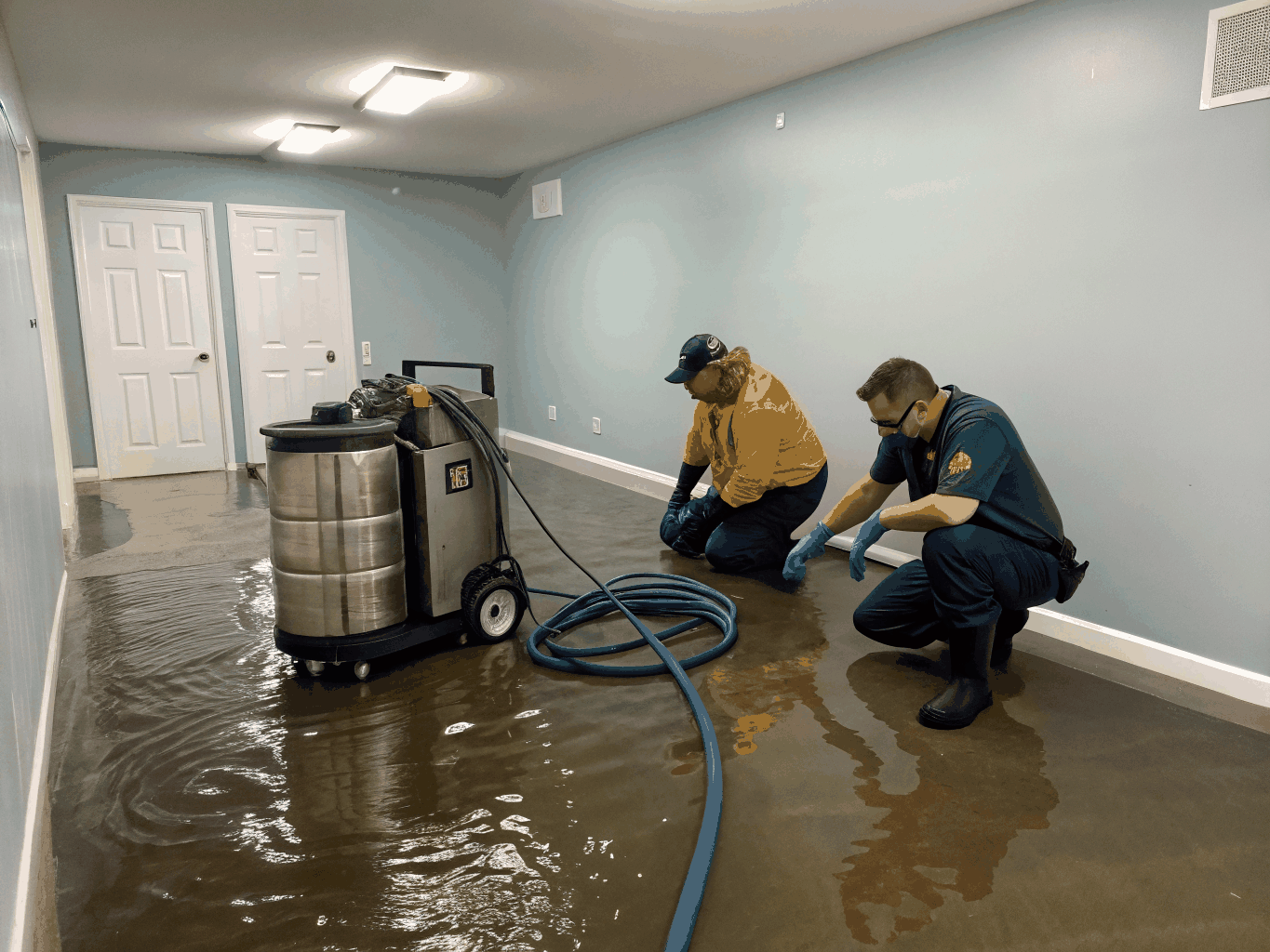 Restoration crew deploying industrial water extraction vacuums in flooded building