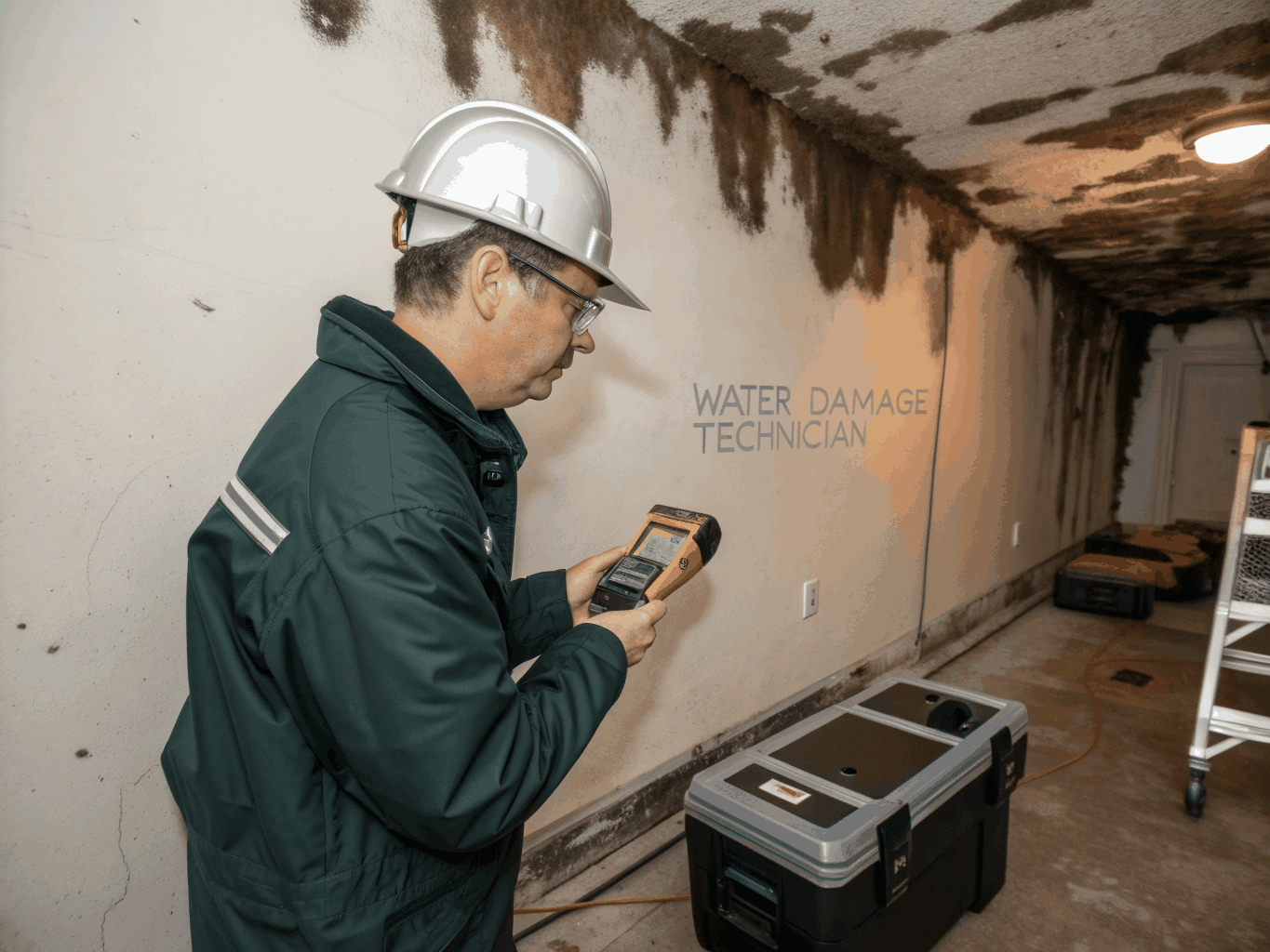 TriServe certified technician testing interior wall moisture depth with calibrated digital meter