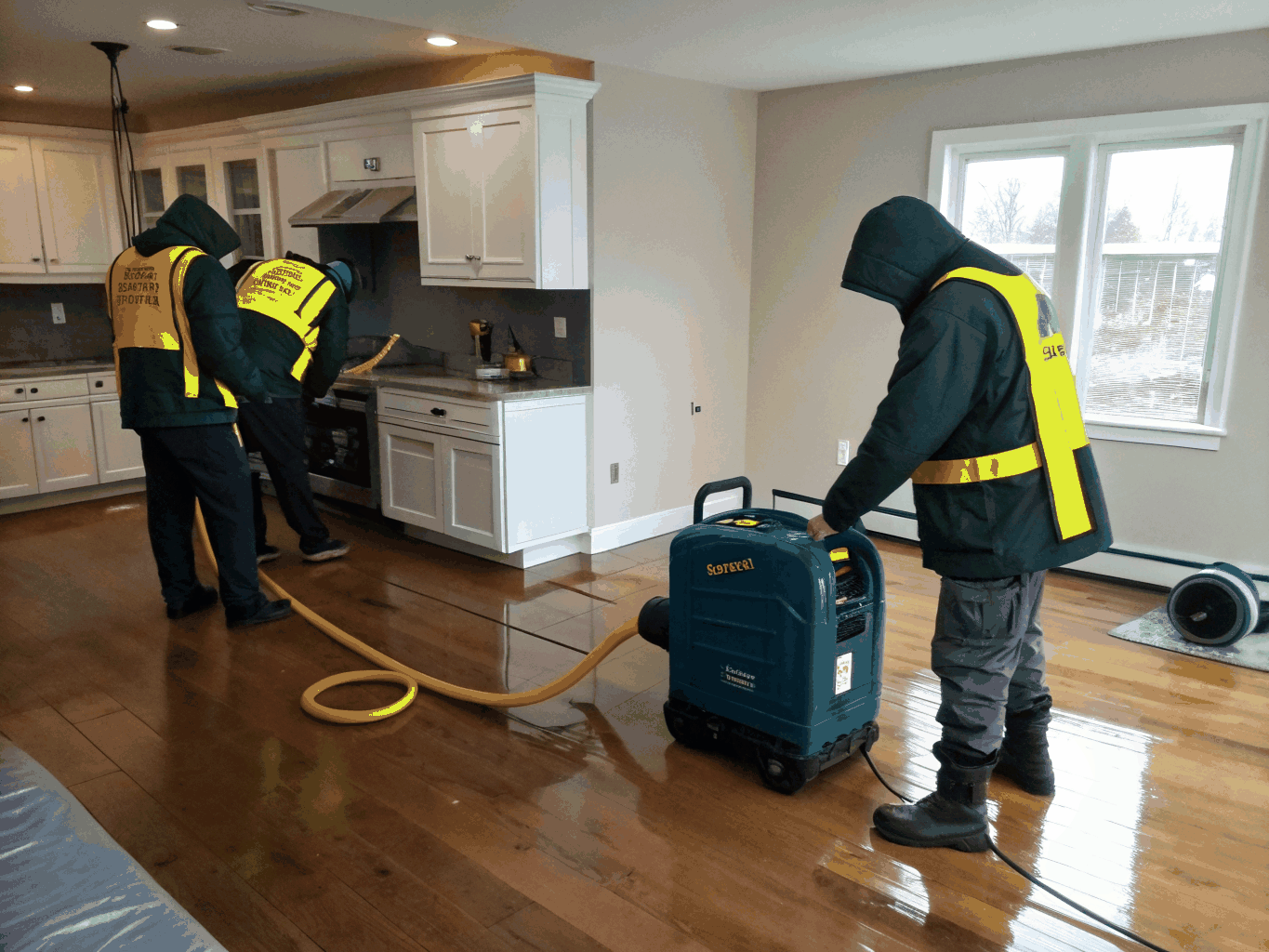 TriServe technician operating heavy water extraction unit on standing water