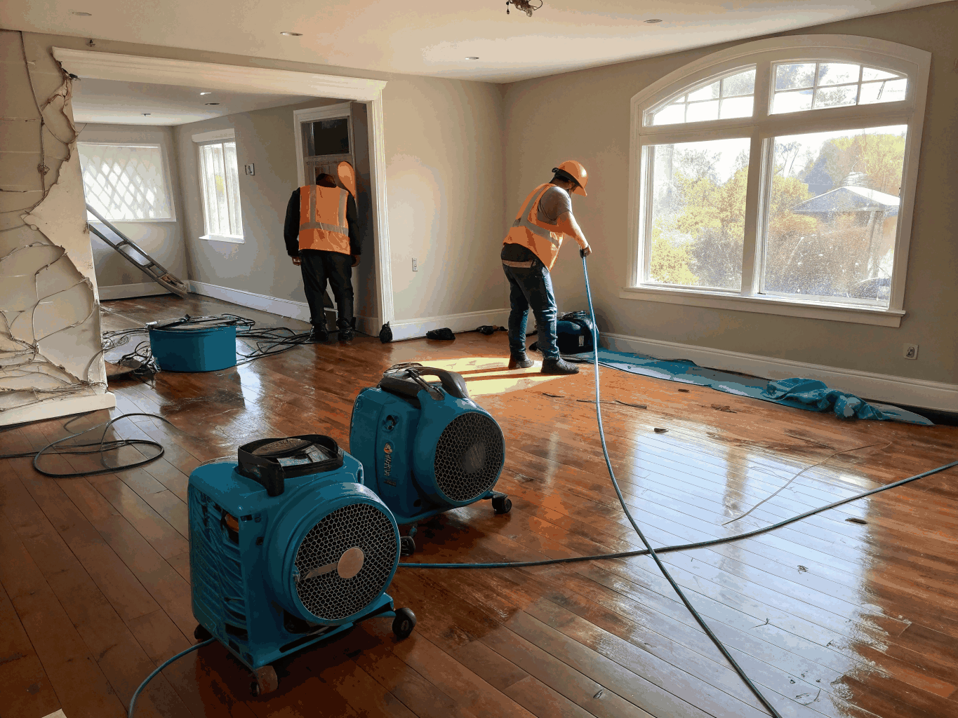 TriServe restoration technicians performing emergency water extraction and pipe rupture cleanup with professional drying equipment in a Prince George's County, MD property