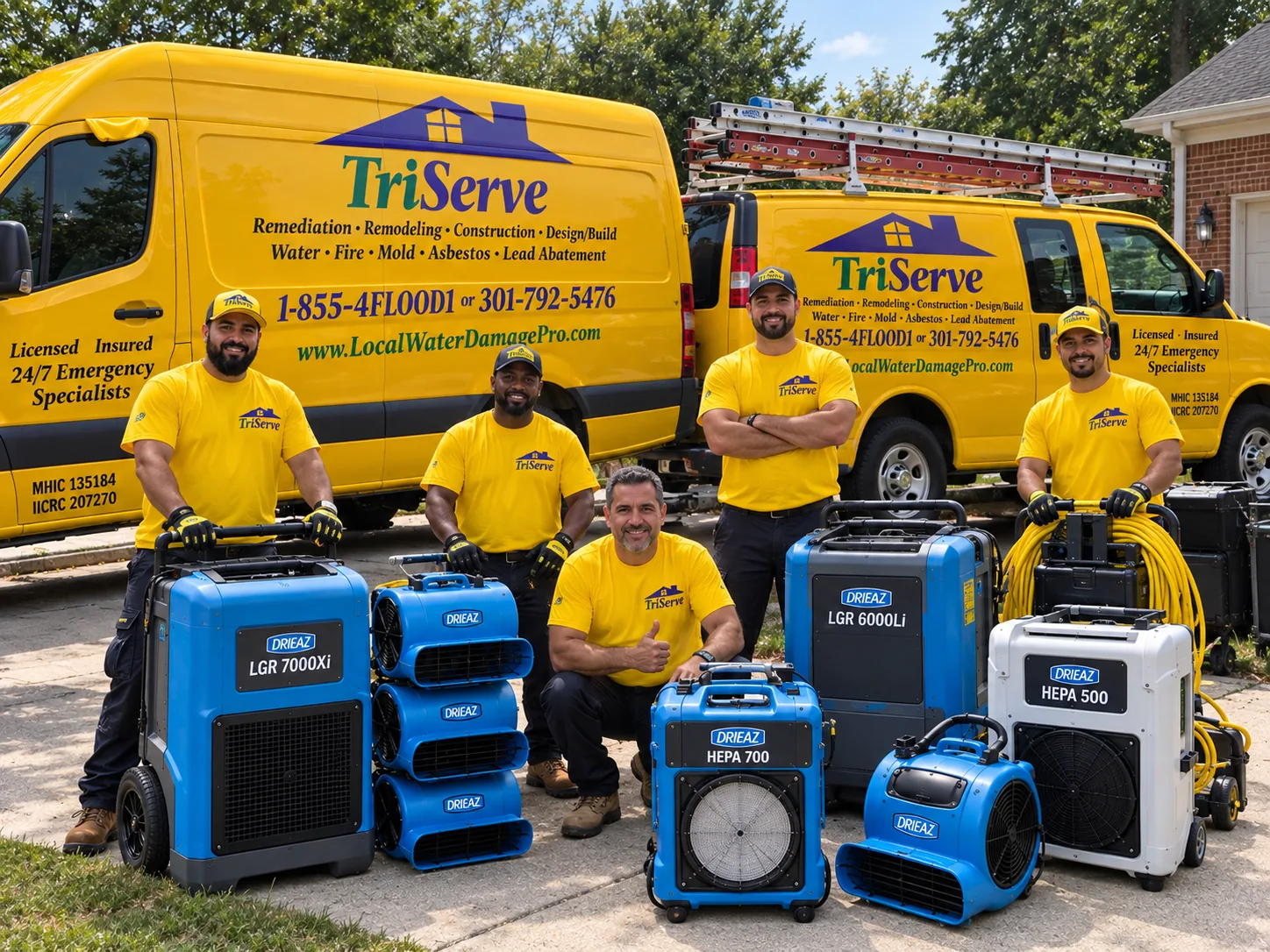 TriServe fleet parked outside commercial property complex for emergency mitigation